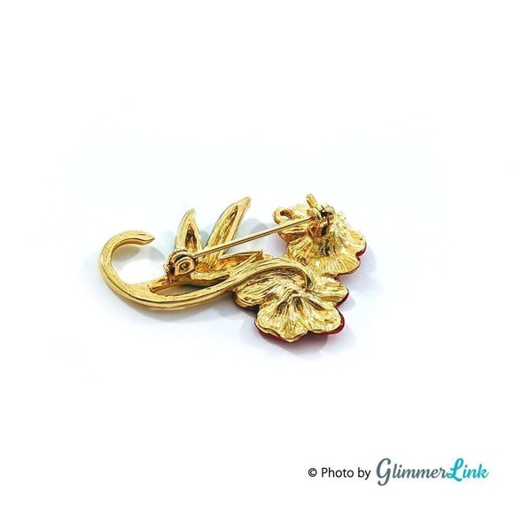 Vintage Red Flower Bouquet Gold Tone Brooch - Picture 4 of 7